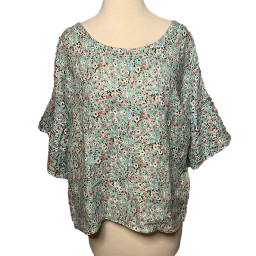 Viola Borghi Linen Top Bell Sleeves Floral Print Bluish Green Boxy Cut M